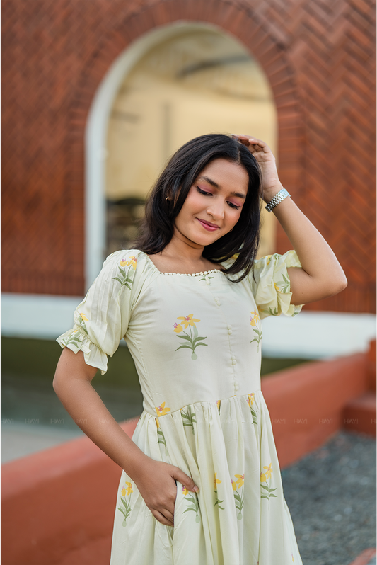 Florabelle Green Viscose Dress with Shoulder Elastic & Frill Sleeves