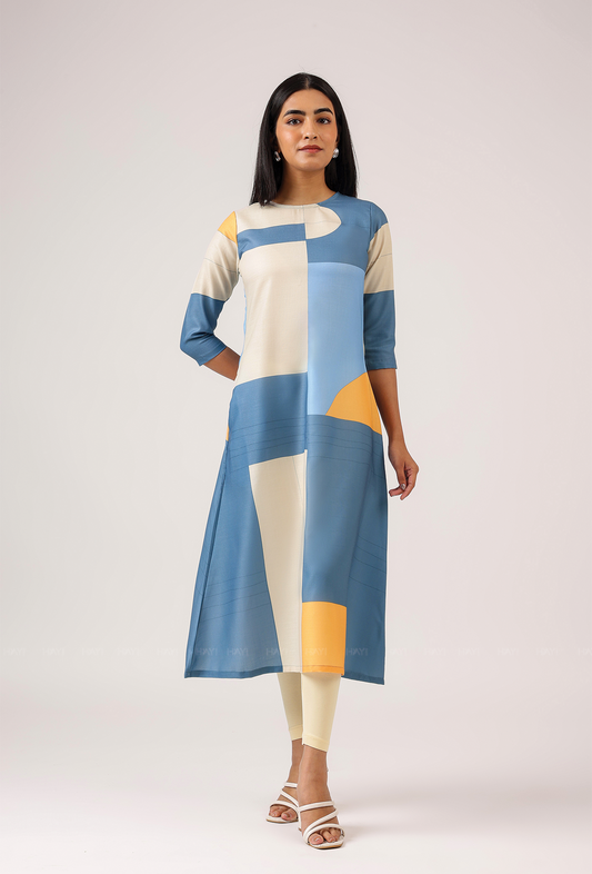 Cubed Blue with Grid Maze printed Linen Blend A-line Dress