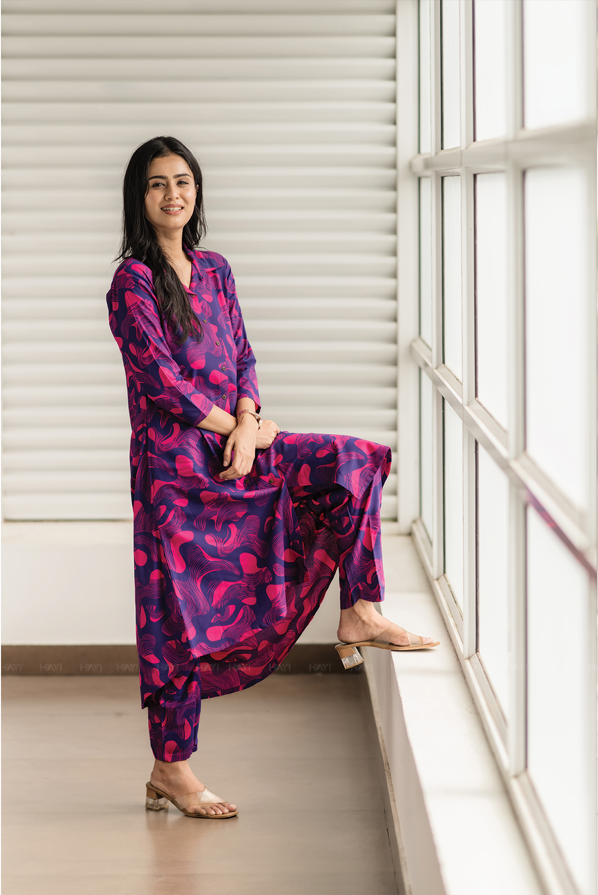 Mystic Swirl Violet Viscose Co-ord with Shirt Collar & Print