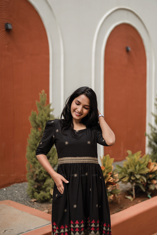 Starlight Black Handloom Dress with Sweetheart Neck & Leg-O-Mutton Sleeves