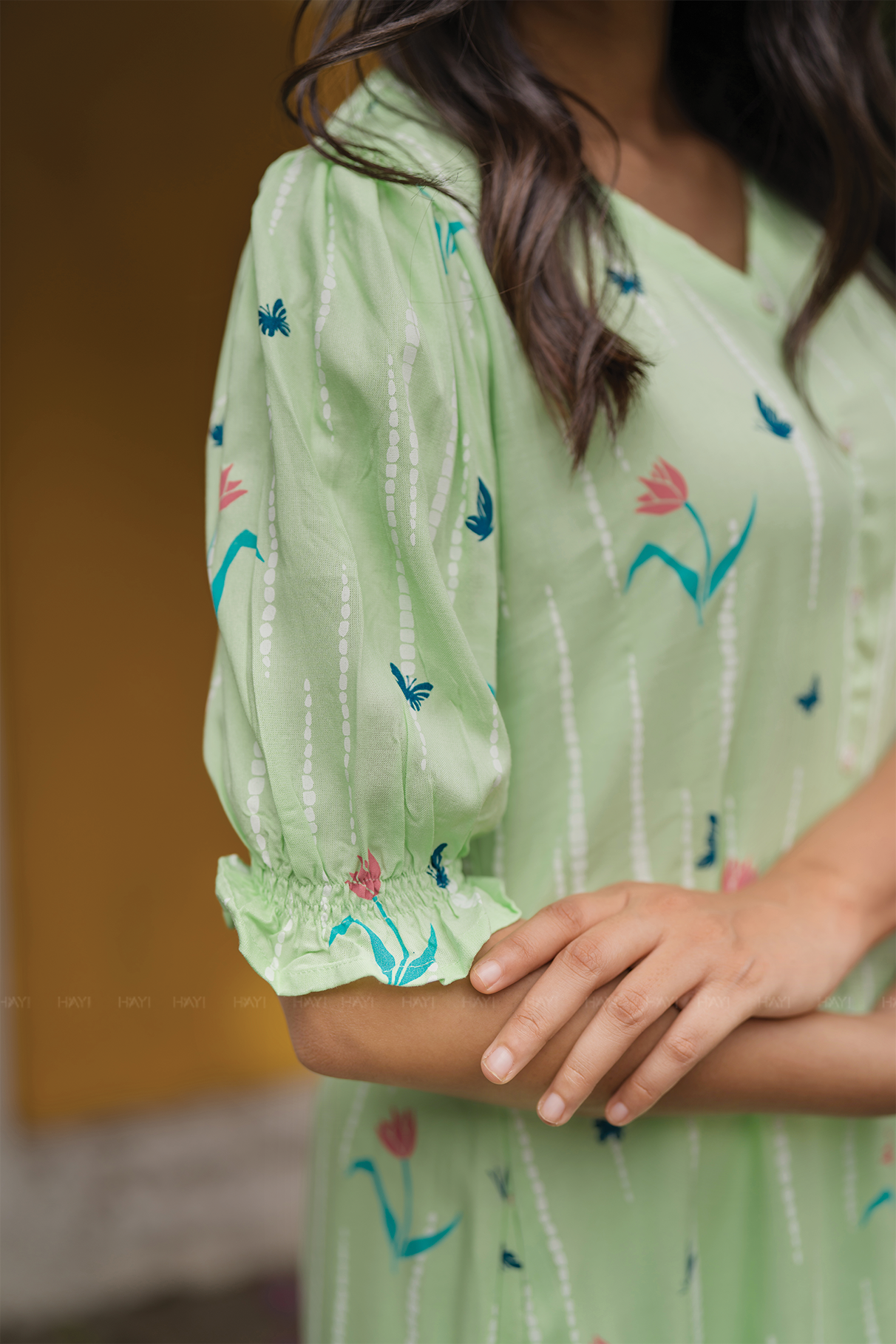 Sage Green with Mint petal printed Viscose A-line Dress