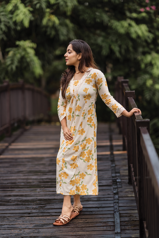 Sunpetal Bloom Beige Viscose Dress with V-Neck & Lace