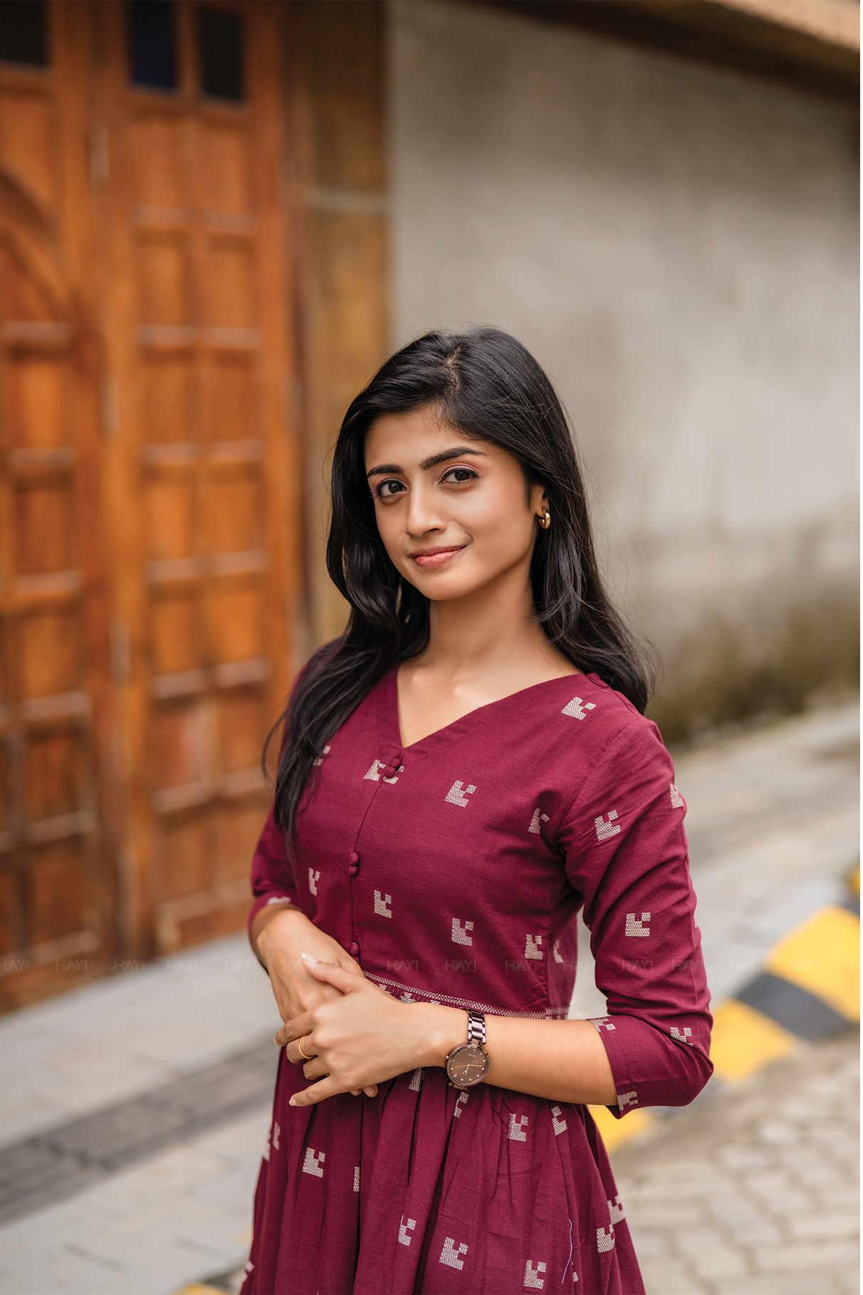 Rosebud Pink Handloom Dress with Straight V-Neck & 3/4 Sleeves