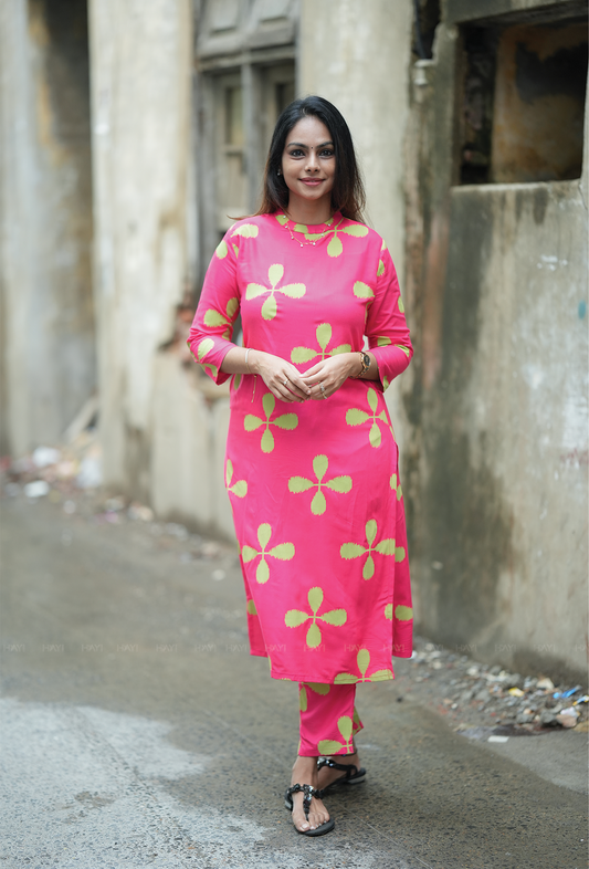 Pestry Pink with Ikat Blooms floral printed Viscose Co Ords