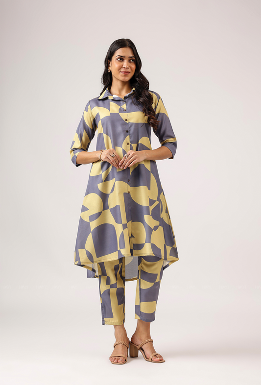 Rhythmic Gray with Vivid Harmony printed Linen Blend Co ords