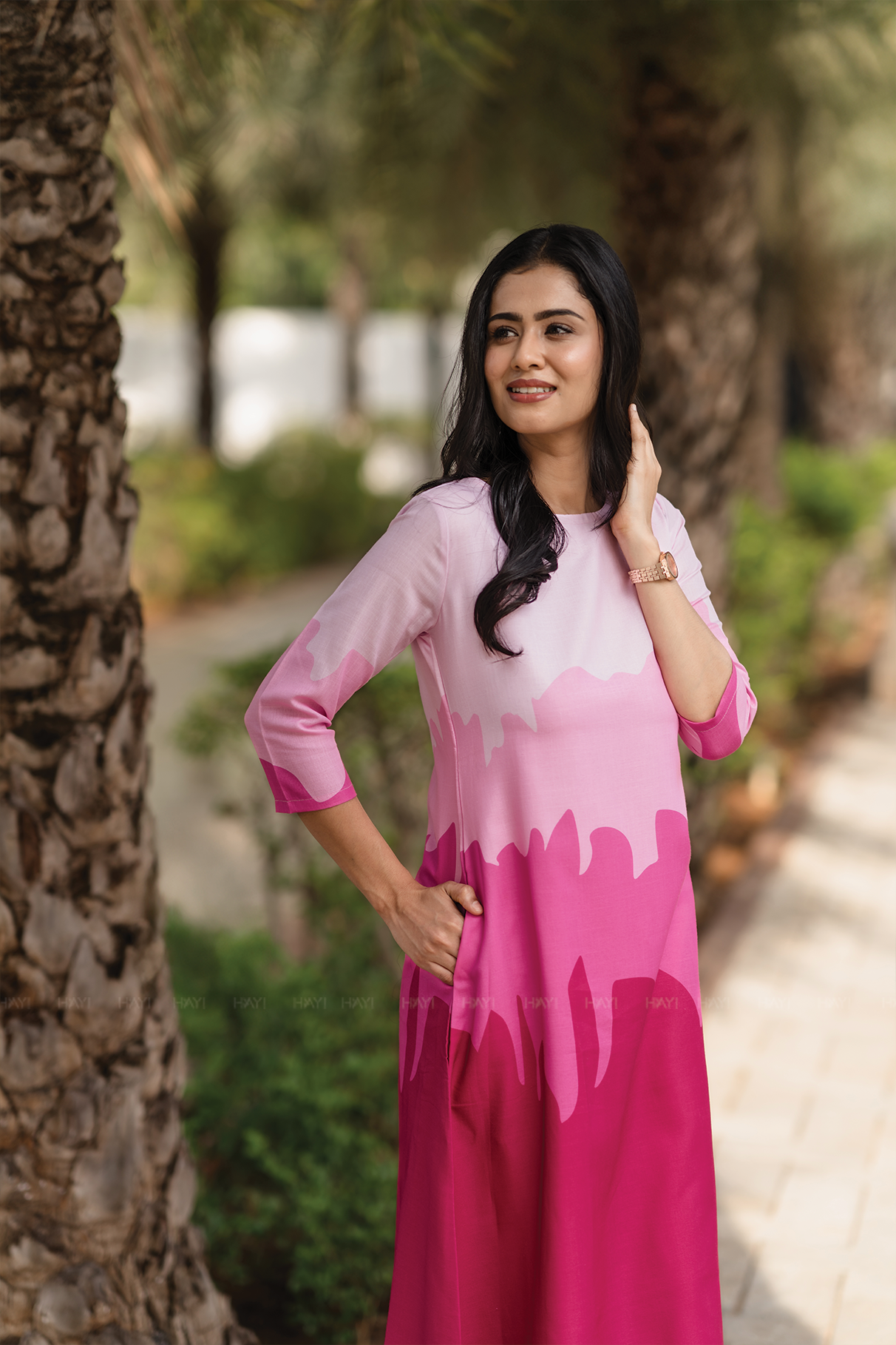 Blush Cascade Pink Linen Blend Dress with Boat neck & Digital Placement Print