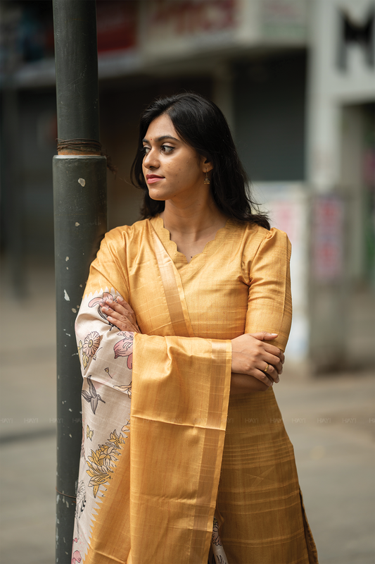 Swanira Yellow printed 2 Piece Jacquard Kurta with Dupatta