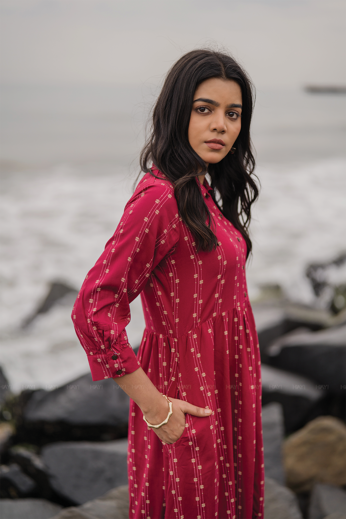 Dark Pink with Nomadic Whispers printed Viscose Dress