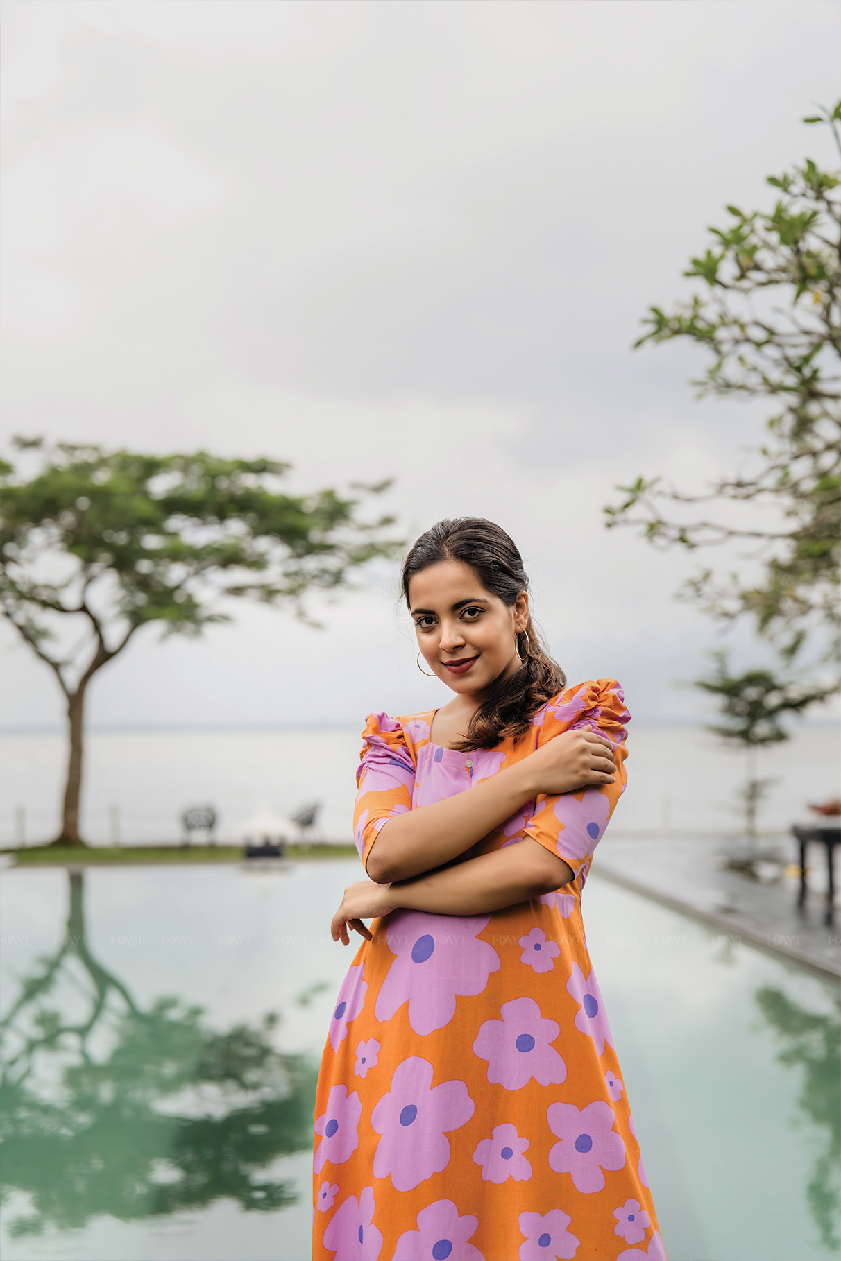 Orange Floral Flair Viscose Dress with Sweetheart Neckline