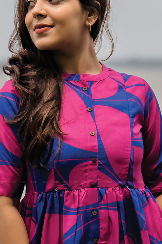 Blazing Blue with Cosmic Petals printed Maternity and Feeding Linen Blend Dress