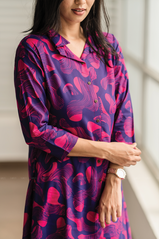 Mystic Swirl Violet Viscose Co-ord with Shirt Collar & Print