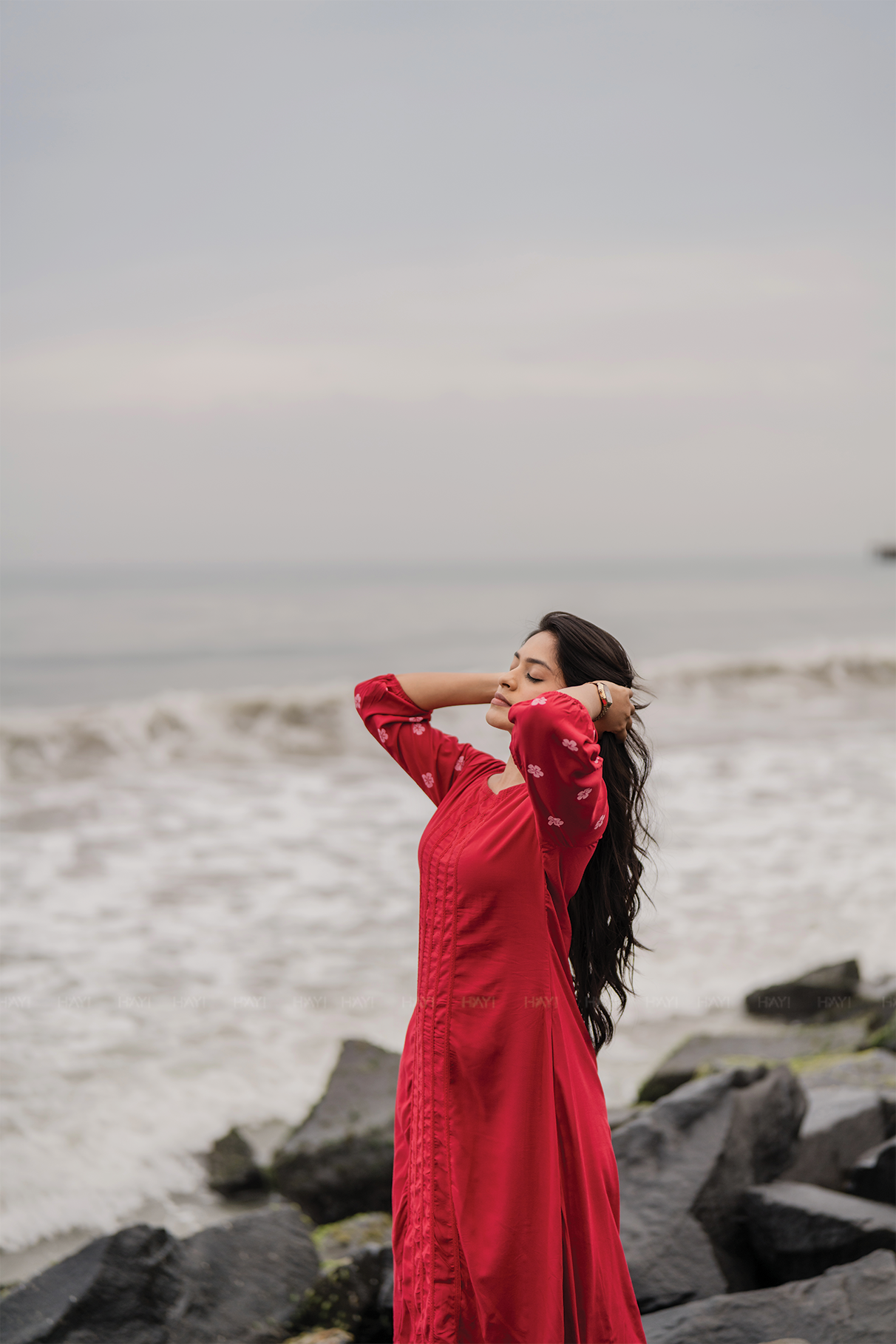 Lava Red with Lacey Daisy printed Viscose A-line Dress