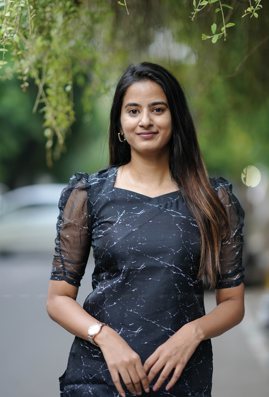 Fused Black with Silver Gleam printed Organza kurta