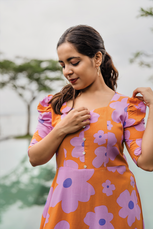 Orange Floral Flair Viscose Dress with Sweetheart Neckline