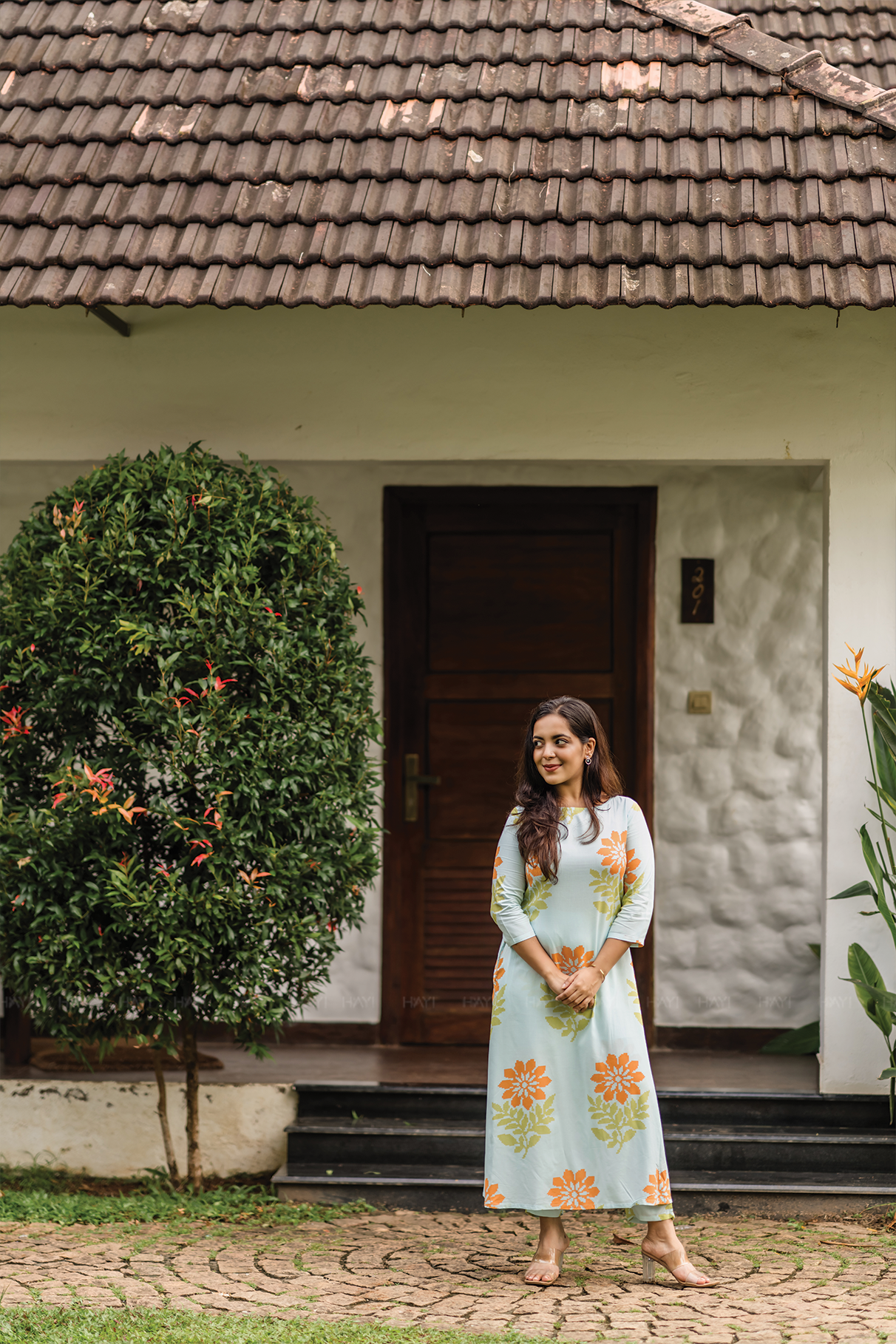 Aacral Blossom Blue Viscose co-ord with Boat Neck & Floral Print