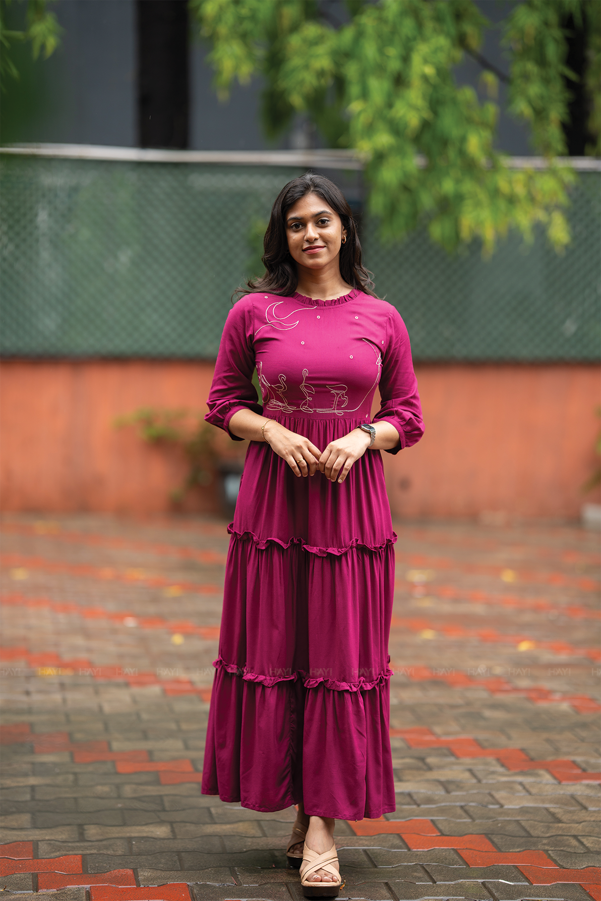 Moonlit Swans Violet Viscose Dress with Frill Neck & Embroidered Yoke