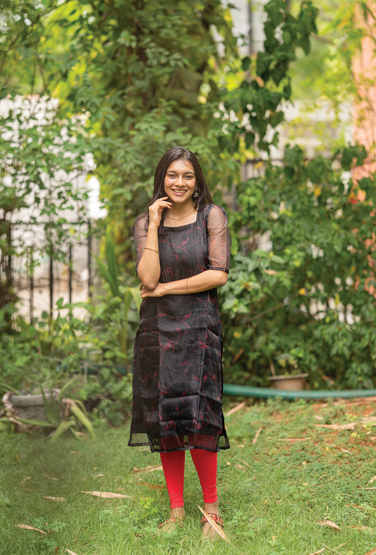 Poise Black with Floral Line Organza kurta