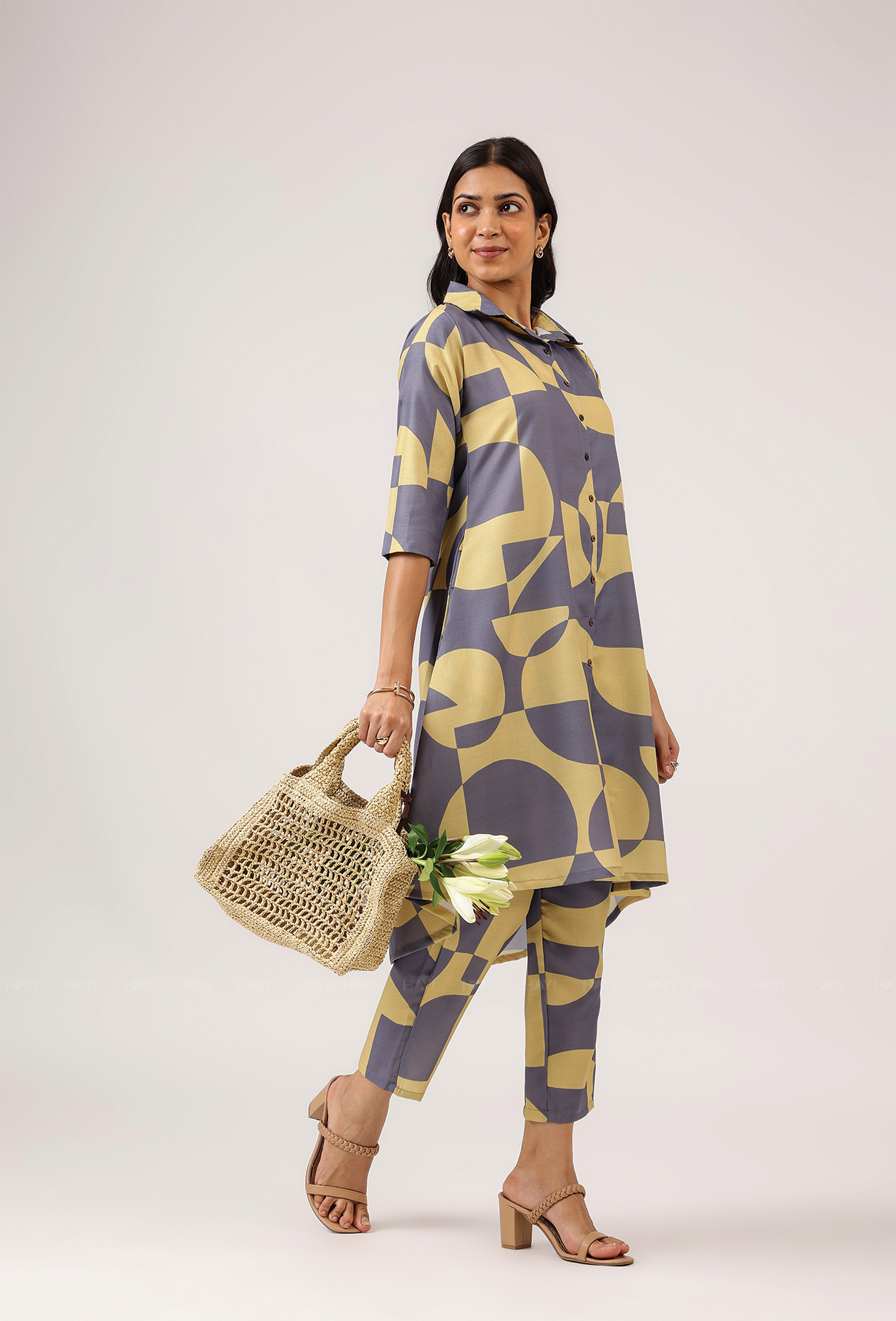 Rhythmic Gray with Vivid Harmony printed Linen Blend Co ords