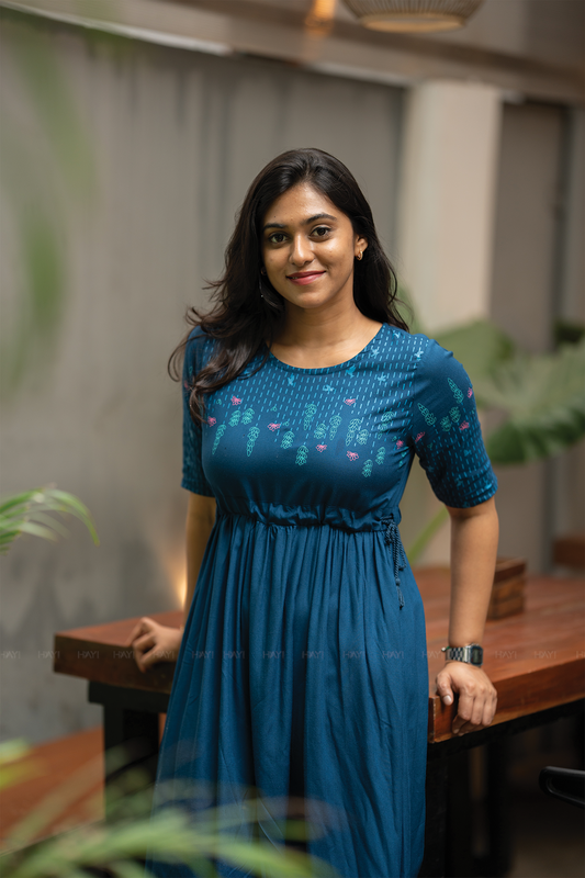 Blue Dessert Blue Viscose Dress with Round Neck & Placement Detail