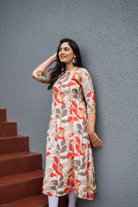 Beige Meticulous Abstract Viscose Printed A-line Dress