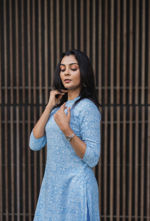 Serene Blue Bella's Paisley Viscose Printed Kurta