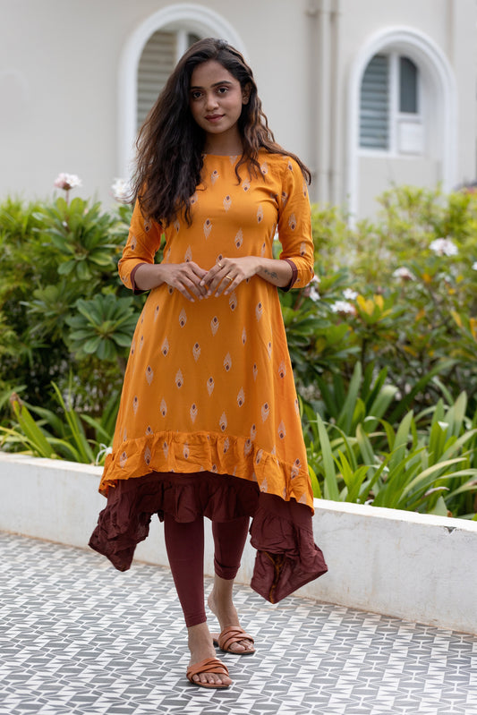 Mustard Yellow Infinite Ikat Printed Viscose Dress