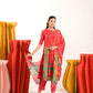 Rudrani Coral Red Straight Suit Set with Floral shimmer tissue Dupatta