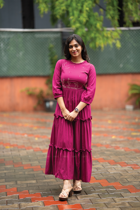 Moonlit Swans Violet Viscose Dress with Frill Neck & Embroidered Yoke