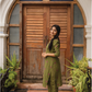 Olive Netra Green Handloom Co-ord with Chinese Collar Diamond Cut & Puff Sleeves