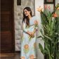 Aacral Blossom Blue Viscose co-ord with Boat Neck & Floral Print