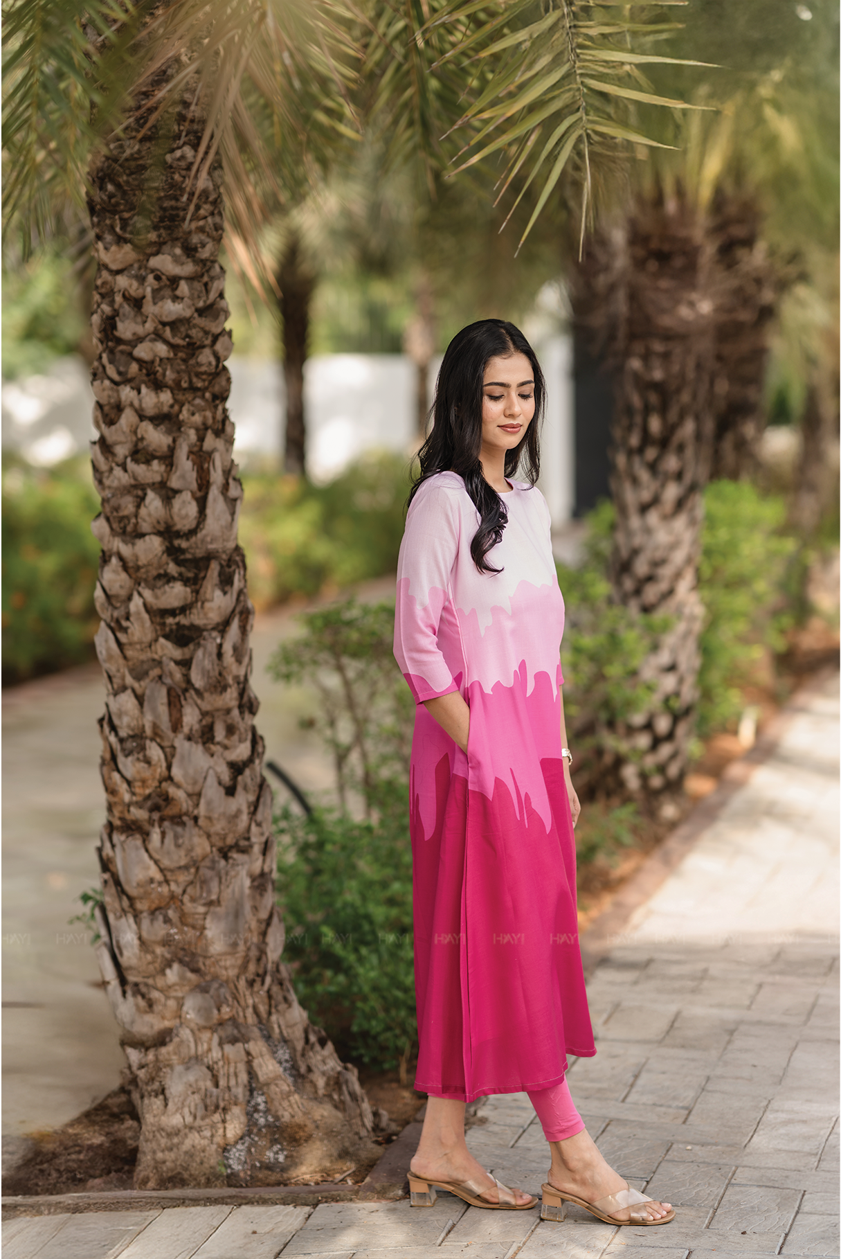 Blush Cascade Pink Linen Blend Dress with Boat neck & Digital Placement Print