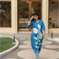 Moonbloom Stride Blue Linen Blend A-Line Co-ord with Shirt Collar & Placement Print