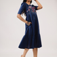 Dark Blue with Hovering Dreams floral Embroidery Viscose Dress
