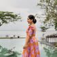 Orange Floral Flair Viscose Dress with Sweetheart Neckline