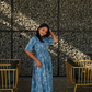 Morning Dew Blue Cotton Dress with V-Neck & Elbow Sleeves