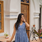 Ocean Polka Blue Handloom Cotton Dress With V Neckline Detached 3/4th Sleeves