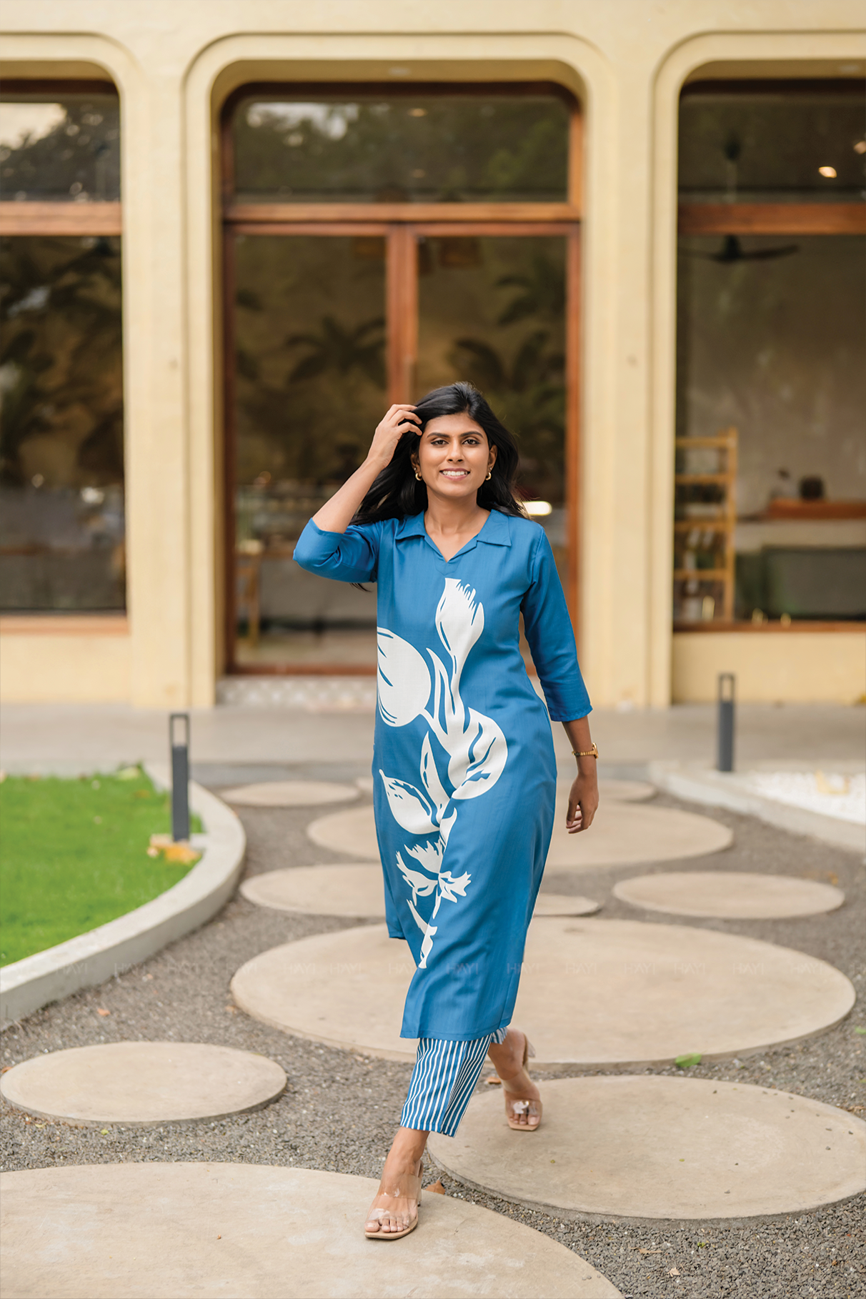 Moonbloom Stride Blue Linen Blend A-Line Co-ord with Shirt Collar & Placement Print