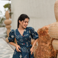 Navy Wrap Cotton Dress with V-Neckline Wraparound Style
