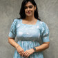 Petal Puff Blue Cotton Dress with Rounded Square Neck & Puff Elbow Sleeves