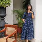 Floralia Blue Cotton Dress with V-Neck & Fabric Rope Detail