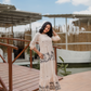 Lush Layers Beige Viscose Dress with Tropical Palm Print