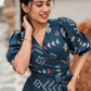 Navy Wrap Cotton Dress with V-Neckline Wraparound Style