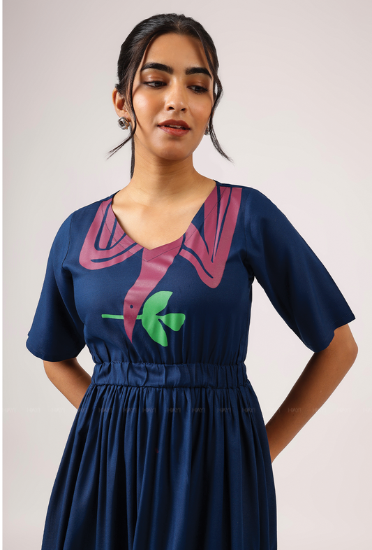 Dark Navy with Breeze 'o' Feathers printed Viscose Dress