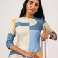 Cubed Blue with Grid Maze printed Linen Blend A-line Dress