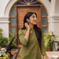 Olive Netra Green Handloom Co-ord with Chinese Collar Diamond Cut & Puff Sleeves