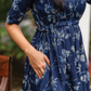 Floralia Blue Cotton Dress with V-Neck & Fabric Rope Detail