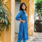 Sapphire Grace Blue Linen Blend Co-ord with Chinese Collar with Keyhole