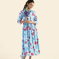 Shuttered Blue Fragmented Flowers Printed Viscose Dress