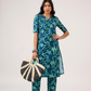 Cyan Teal Blue with Turquoise Petals printed Linen Blend Co ord set