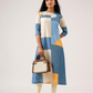 Cubed Blue with Grid Maze printed Linen Blend A-line Dress